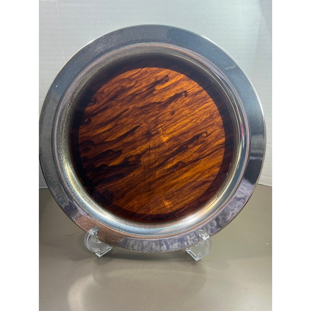 Vintage Oneida Faux Wood Plastic and Silver Plate 10" Round Serving Tray Barware